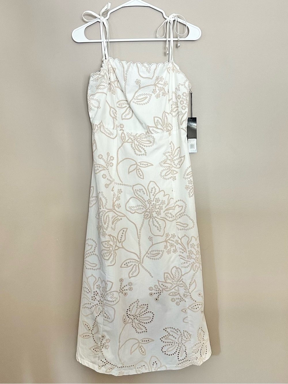 NVLT White Floral Eyelet Tie-Shoulder Midi Dress